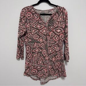 Toad & Co. Tunic Top Women's Size Medium Coral & Brown 3/4 Sleeves Geometric